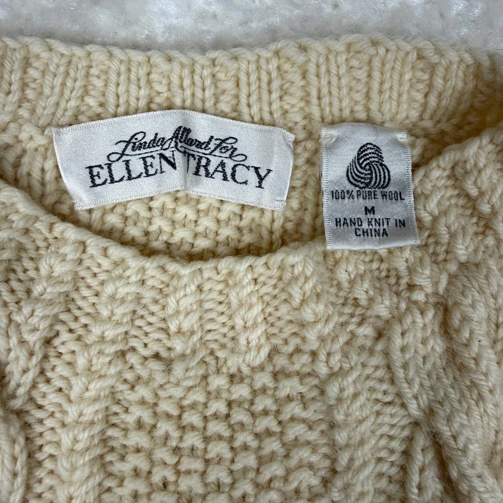 Ellen Tracy Sweater Women M Cream 100% Wool Cable Knit Hand Knit Vtg Fiherman